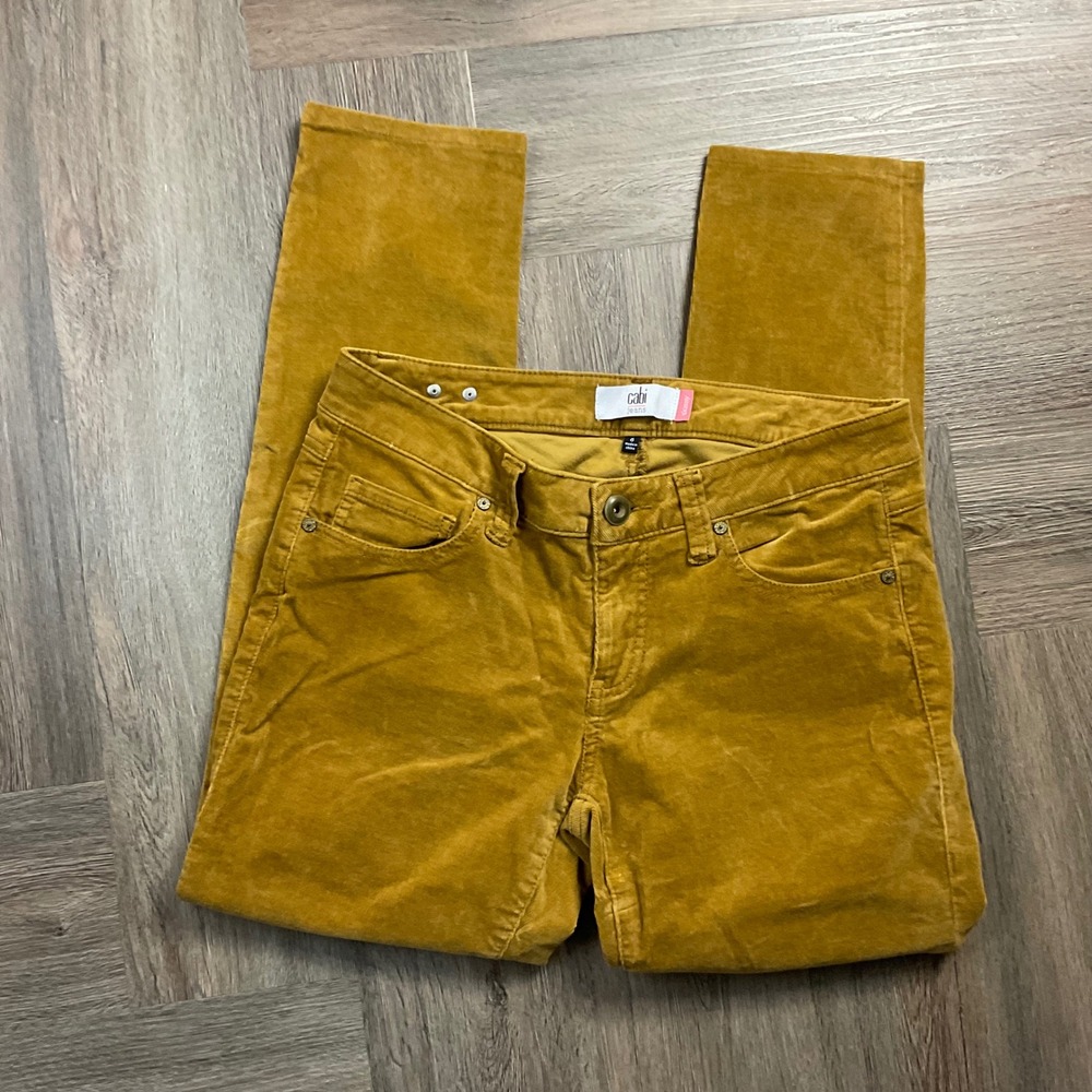 Cabi Skinny Mid Rise Stretch Corduroy Ankle Pants Womens 6 Mustard Yellow Boho
